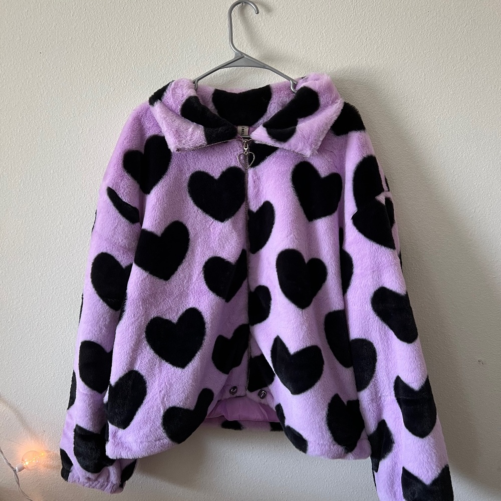 Purple and Black Heart Print Fuzzy Zip Up
